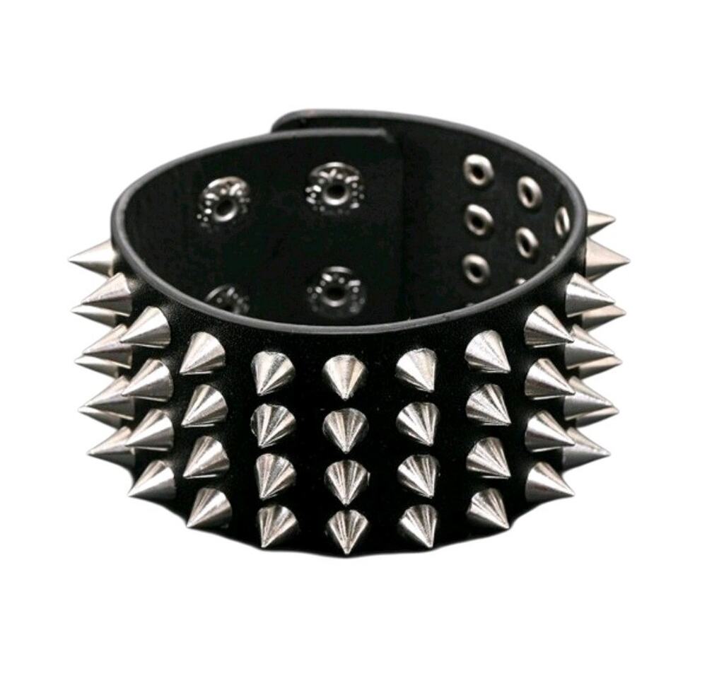 Black Leather Punk Gothic Spiked Cuff Bracelet 4 Row Studs Wristband Unisex New